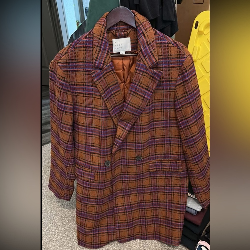 a new day Plaid Pea Coat in Brown and Purple